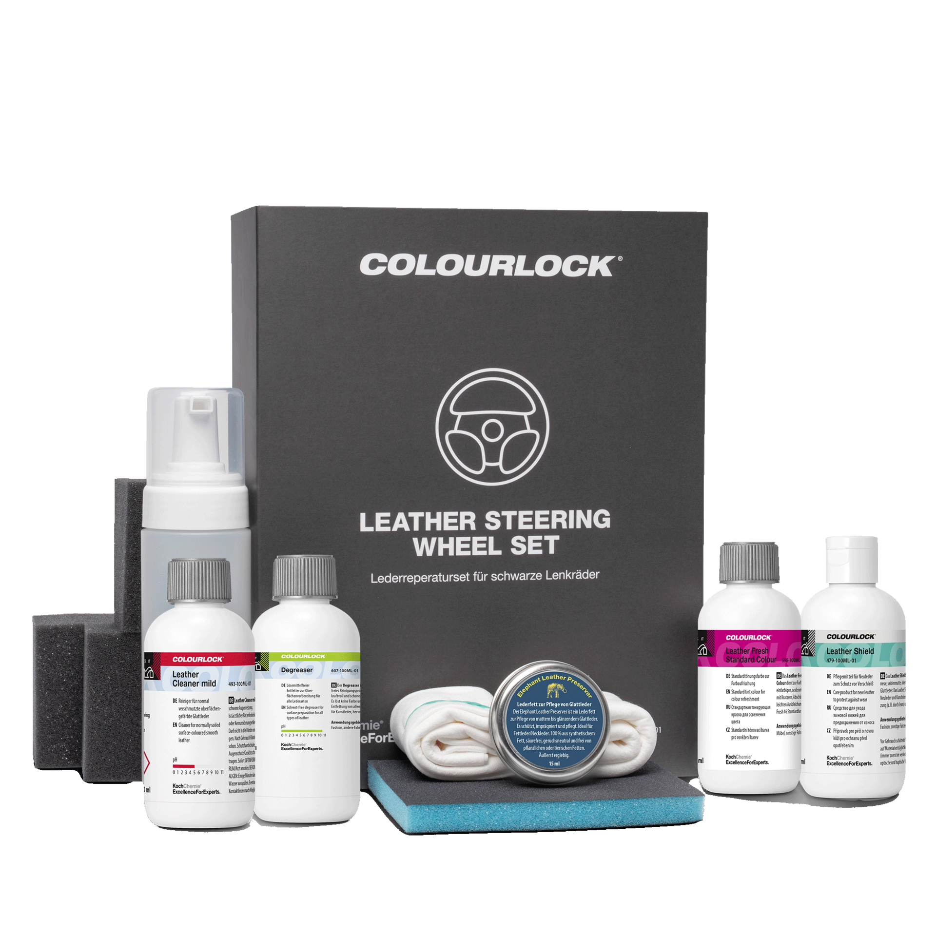 Koch-Chemie Colourlock Leather Steering Wheel Set – Odinio vairo atnaujinimo ir remonto rinkinys